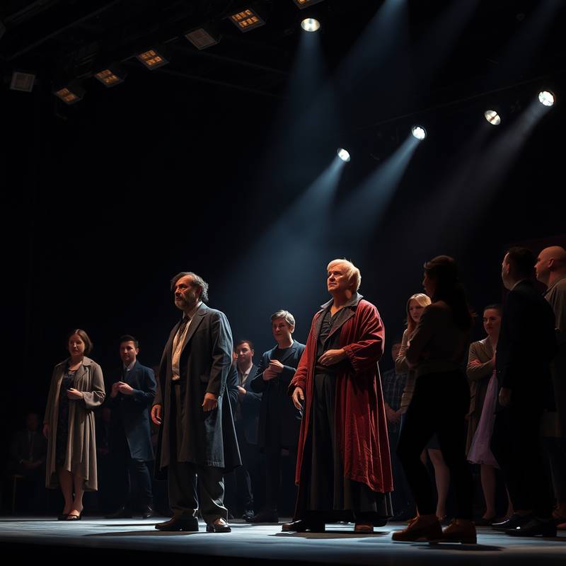 Actores en el escenario representando una escena dramática